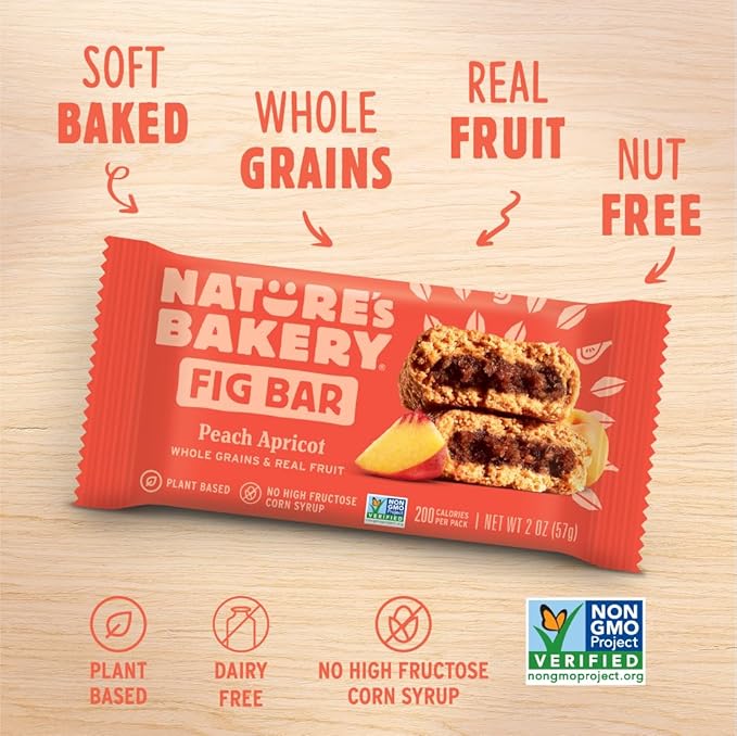 Nature's Bakery Whole Wheat Fig Bars, Peach Apricot, Real Fruit, Vegan, Non-GMO, Snack bar, 6 Count (Pack of 6)