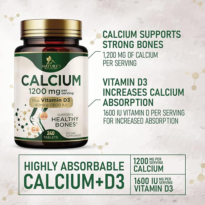 Calcium 1200 mg with Vitamin D3 Per Serving - Bone Health Supplement, Vitamin D & Calcium Supplements for Women & Men - Bone, Teeth & Immune Support, Nature's Calcium Pills, USA Bottled - 240 Tablets