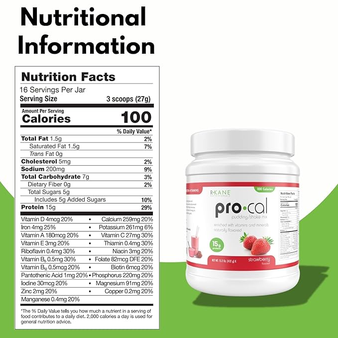 Pro-Cal Strawberry Meal Replacement Powder - High Protein, Low Calorie Shake & Pudding Mix - Low-Carb, Gluten Free - Breakfast Boost - Delicious & Easy to Prepare - 16 Servings, 15.2oz