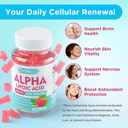 MEENCCD 2 Pack Alpha Lipoic Acid Gummies 600mg - ALA Supplement for Antioxidant Support, Vegan, Sugar-Free, Raspberry Flavor, 120 Count