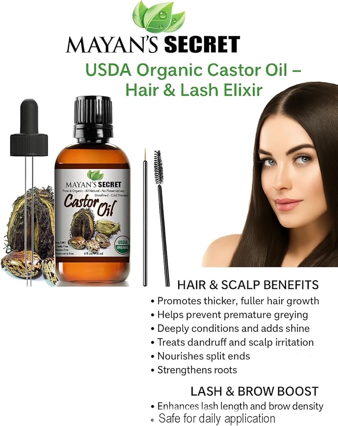 Certified Organic Castor Oil by Mayan's Secret: Nourishing and Strengthening Oil for Hair and Skin