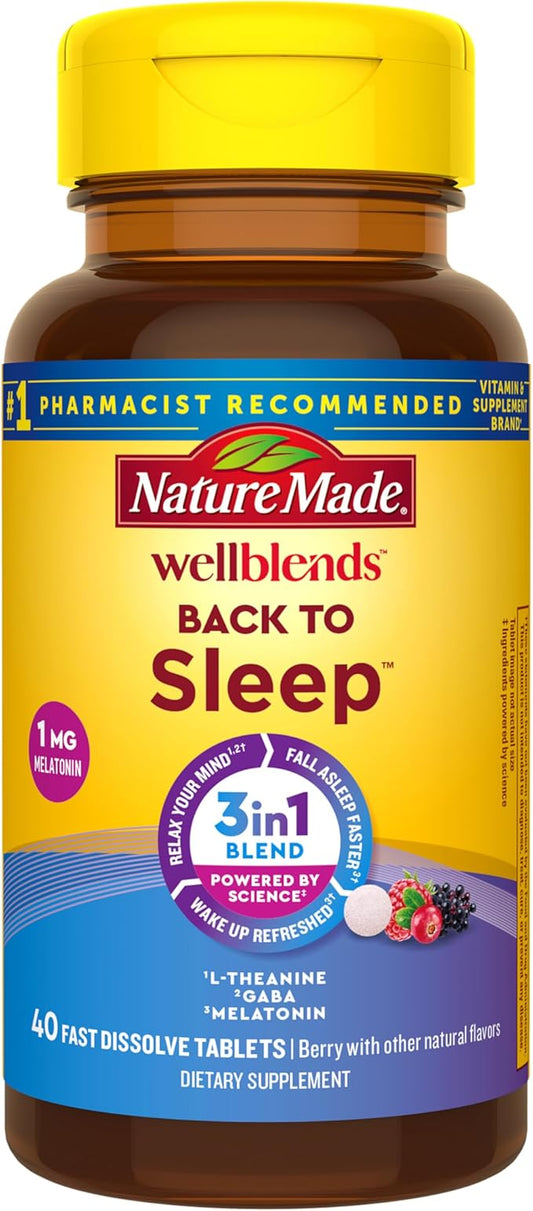 Nature Made Wellblends Back To Sleep, Lower Dose Melatonin 1 mg, L theanine 100 mg and GABA 100mg, Sleep Supplement, 40 Fast Dissolve Tablets
