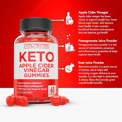 Atlantis Nutrition Keto ACV Gummies for Weight Loss - Apple Cider Vinegar Gummies Formulated to Support Advanced Weight Loss, Digestion, Detox & Cleansing, Made with 1000MG ACV Per Serving - 60 Count