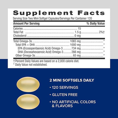 GNC Triple Strength Fish Oil Mini Omega 3 Supplement, 1000mg EPA and DHA, Supports Heart, Brain, Skin, Eye and Joint Health, 240 Mini Softgels