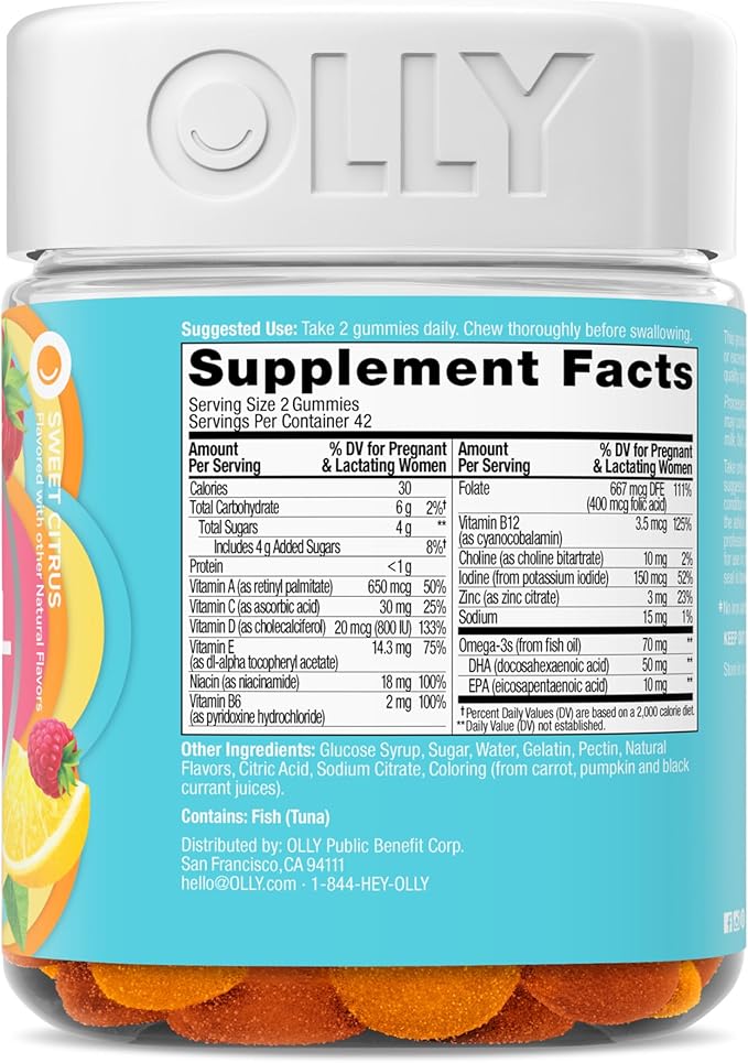 OLLY Essential Prenatal Gummy Multivitamin,Folic Acid,Vitamin D,Omega 3 DHA,Supports Healthy Growth and Brain Development,Citrus Berry -,84 Count (Pack of 2)