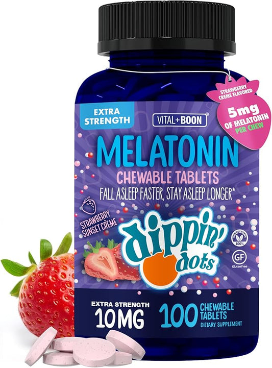 Dippin' Dots Chewable Melatonin 10mg – Melatonin 10 mg Tablets for Adults – Sugar Free – Strawberry Sunset Creme Flavor – Restful Sleep Support Supplement – Kosher, Gluten Free, Vegetarian (100 Count)