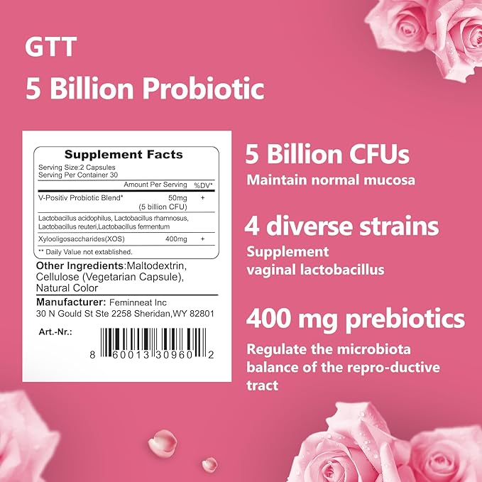 KTT Vaginal Probiotics Made in The USA, pH Balance for Women, 5 Billion CFUs Womens Probiotic Vaginal Health Odor Control, Hormone Support, 60 Caps