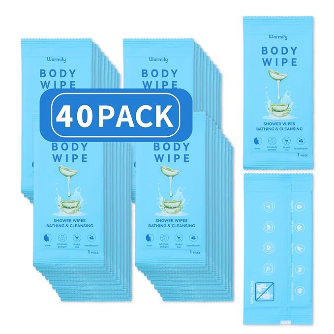 40 Pcs Body Wipes Individually Wrapped (9.29" x 8"), Large Shower Wipes for Adults Bathing No Rinse, Portable Personal Cleansing for Gym, Camping, Hiking, Backpacking,Bulk Homeless Supplies