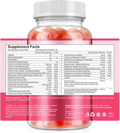 Sugar-Free Women's Multivitamin Gummies – with Inositol, Iron, Biotin, Vitamin D3 & K2 – Supports Energy, Immunity, Hair, Skin & Nails – Vegan, Non-GMO, Gluten-Free – 60 Count 30 Day Supply