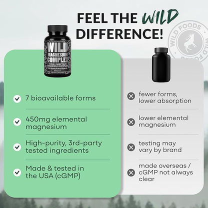 Wild Foods Magnesium Complex Supplement with 7X Forms, 90 Capsules | High Absorption, Full Spectrum, Easy Digestion | 500mg Glycinate, Bisglycinate, Malate, Orotate, Citrate, Taurate