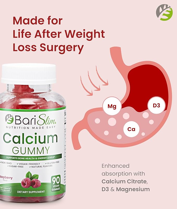 BariSlim Bariatric Calcium Gummies - Specially Formulated Bariatric Vitamins for Patients After Weight Loss Surgery - Supports Energy Levels & Bone Health | Raspberry (90 Vegan Gummies)