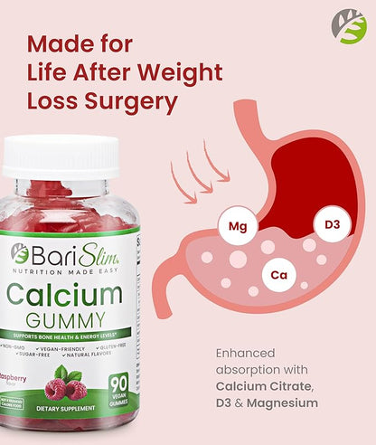 BariSlim Bariatric Calcium Gummies - Specially Formulated Bariatric Vitamins for Patients After Weight Loss Surgery - Supports Energy Levels & Bone Health | Raspberry (90 Vegan Gummies)