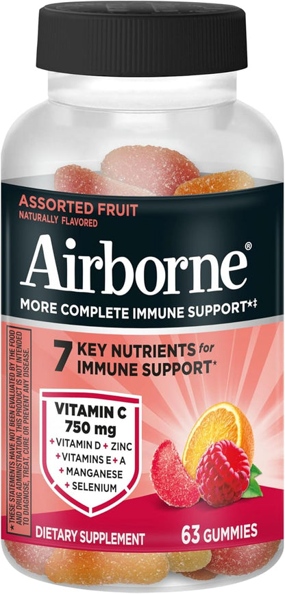 Vitamin C 750mg (per Serving) - Airborne Assorted Fruit Flavored Gummies (63 Count in a Bottle), Gluten-Free Immune Support Supplement with Vitamins A C E, Selenium, Echinacea & Ginger