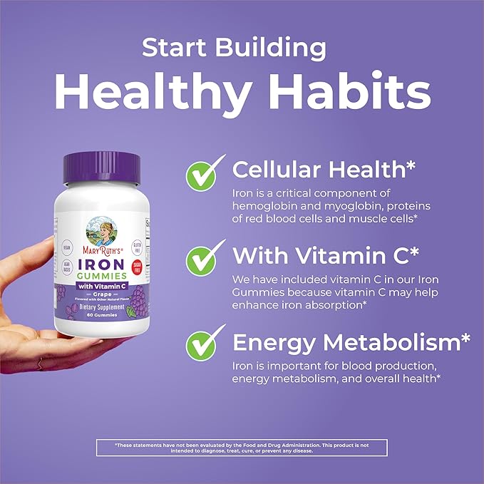 MaryRuth's Iron Gummies for 14+ with Vitamin C for Absorption | Sugar Free | Gummy Iron Supplement + VIT C | Energy Metabolism | Cellular Health | Immune Support | Vegan | Non-GMO | 60 Count
