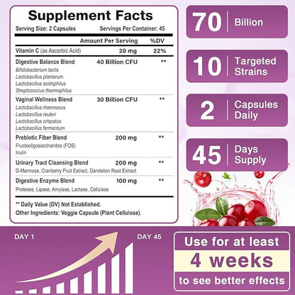 Probiotics for Women Digestive Health, 70 Billion CFUs Womens Probiotic with Digestive Enzymes & Prebiotics & Cranberry for Gut, Immune & Urinary Tract Balance, Delayed-Release, 90 Veggie Capsules