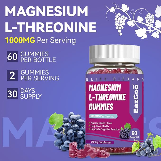 Magnesium Threonine Gummies 1000mg, L-Threonine Gummies for Adults, Great Magnesium Supplements for Brain, Non-GMO, Gluten Free, Vegan, 120 Grape Magnesium Gummies