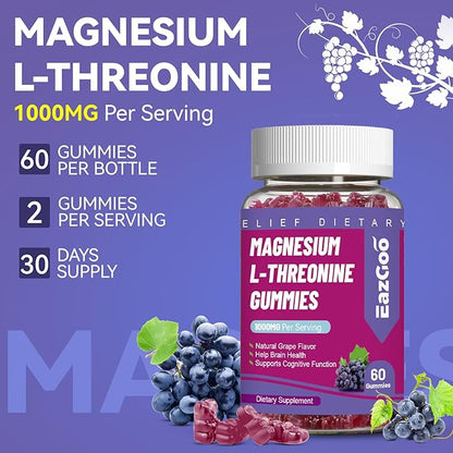 Magnesium Threonine Gummies 1000mg, L-Threonine Gummies for Adults, Great Magnesium Supplements for Brain, Non-GMO, Gluten Free, Vegan, 120 Grape Magnesium Gummies