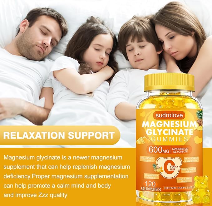 Magnesium Glycinate Gummies 600mg- Sugar Free Mg Potassium Supplement with Magnesium Glycinate, Vitamin D, B6 and CoQ10 for Calm Support & Sleep for Adults, 60 Days Supply ((Pack of 2), Pineapple)