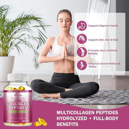Multi Collagen Peptides Capsules 9500mg: Hydrolyzed Collagen Supplement Type I II III V X with Hyaluronic Acid Glucosamine MSM Probiotics Enzymes, Collagen for Skin Hair Nails Joints Women Men 60