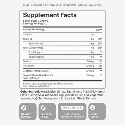 Humann SuperBeets Heart Chews Zero Sugar, Beet Root Supplement, Energy, Nitric Oxide and Blood Pressure Support, Grape Seed Extract & Non-GMO, Heart Health, Pomegranate Berry Flavor, 60 Count