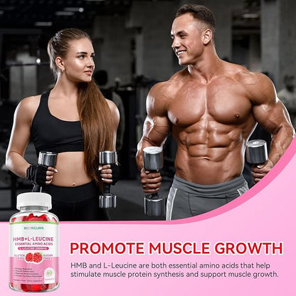 HMB & L-Leucine Gummies with Calcium, Amino Acid Supplement, L Leucine Supplements for Men & Women, Raspberry Flavor, 60 Count