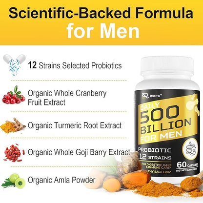Probiotics for Men, 500 Billion CFUs & 12 Strains Mens Probiotic with Turmeric Cranberry, Goji, Gut Health for Men, for Digestive Health, Gut, Bloating & Gas, Immune, Energy Support, 60-Day Supply