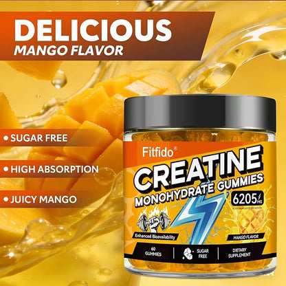 Creatine Monohydrate Gummies for Men & Women - 6205mg per Serving, Containing L-carnitine & Taurine, Post Workout Muscle Recovery, Strength & Energy Boost, Sugar Free & Vegan (60, Mango)