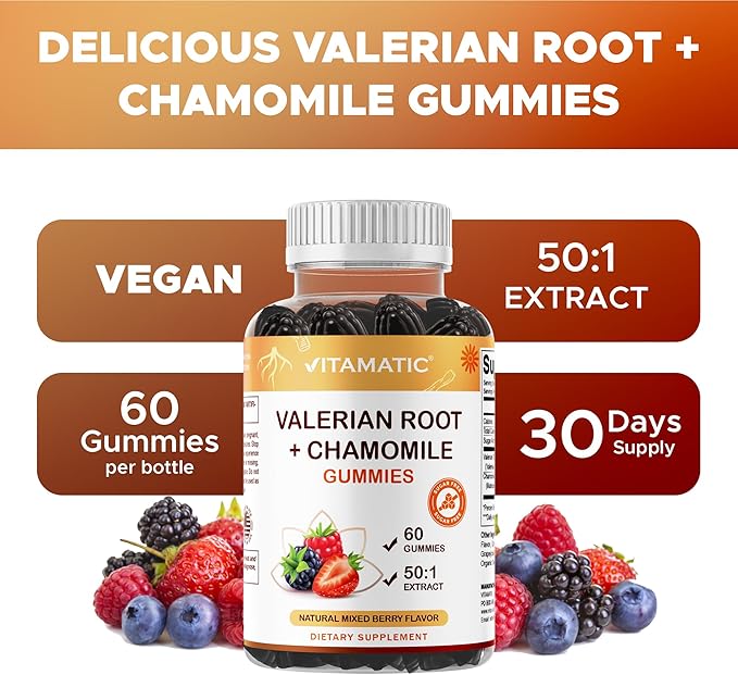 Vitamatic Valerian Root & Chamomile Gummies – Plant-Based Botanical Extract – Mixed Berry Flavor – Vegan, Non-GMO, Gluten-Free – Herbal Supplement – 60 Count (120 Count)