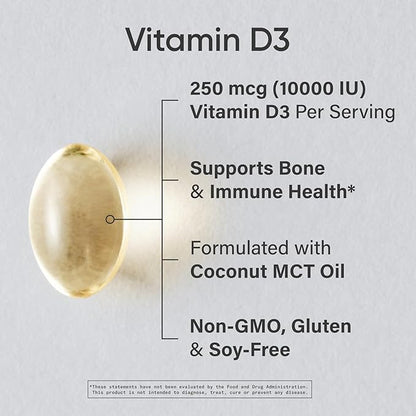 Sports Research® Vitamin D3 10,000iu (250mcg) with Coconut MCT Oil - Max Strength Vitamin D Supplement - Gluten Free · Non-GMO · Soy Free - 120 Count Softgels