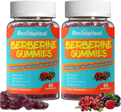 2 Pack Berberine Gummies 1200mg with Ceylon Cinnamon 200mg, Milk Thistle Extract & Turmeric, Vegan Berry Flavor, Non-GMO, Gelatin-Free, Gluten-Free, 120 Count
