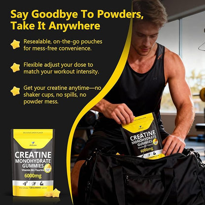 Creatine Gummies Sugar-Free with 6000 mg Creatine Monohydrate, Creatine for Women and Men Contains Vitamin B6 & Taurine, 120 Gummies