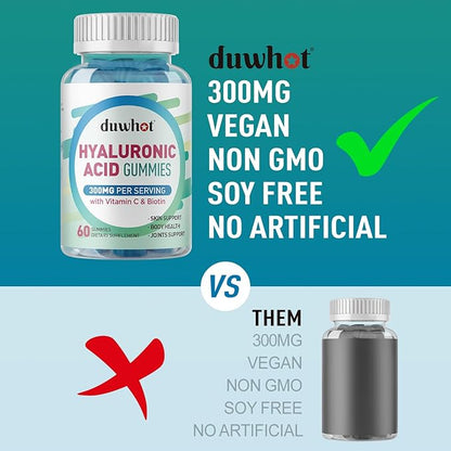 duwhot Hyaluronic Acid Gummies, Hyaluronic Acid Supplements with Vitamin C & Biotin 5000mcg for Skin, Hair, Nails Health, Joints Supplements for Women & Men, Low Sugar, Vegan, Non-GMO, 60 Counts