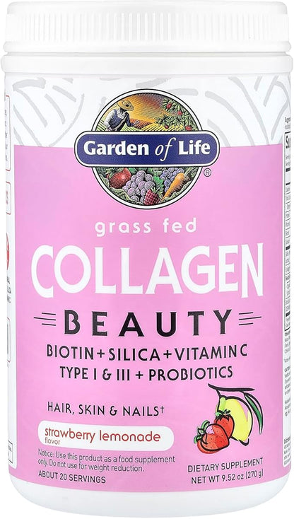 Garden of Life Grass Fed Collagen Beauty - Strawberry Lemonade, 20 Servings, Powder for Women Men Hair Skin Nails, Hydrolyzed Collagen Peptides Protein Powder Supplement