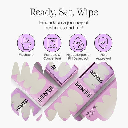 Sense Cleansing Wipes (24 Pack) Individually Wrapped pH Balance Wipes for Women - Made in the USA, Flushable Wipe, On-The-Go Before and After Freshness Intimate Wipe, Feminine Care