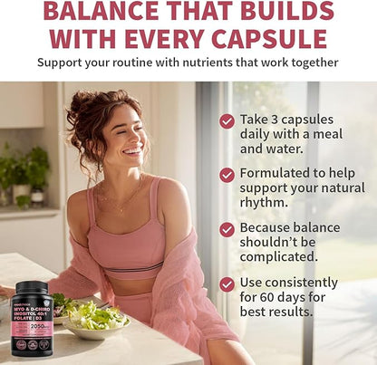 Myo-Inositol 40:1 for Women – Inositol Supplement with Myo & D-Chiro Inositol, Folate & Vitamin D3 – Vegan Capsules for Daily Routine & Hormone Support – Flo Ovarian Support Capsules – (90 Count)