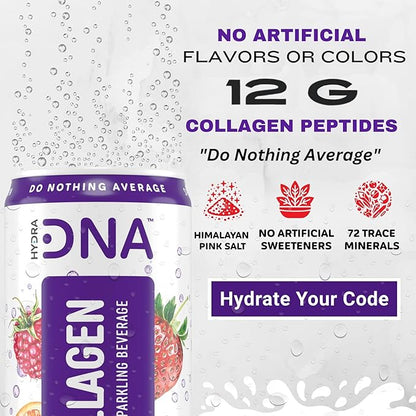 HYDRADNA- Sparkling Liquid Collagen Protein Water Drink Balanced Nutrients for Wellness - Sugar-Free - Keto-Friendly - No Gluten (12 Pack) Berry Punch