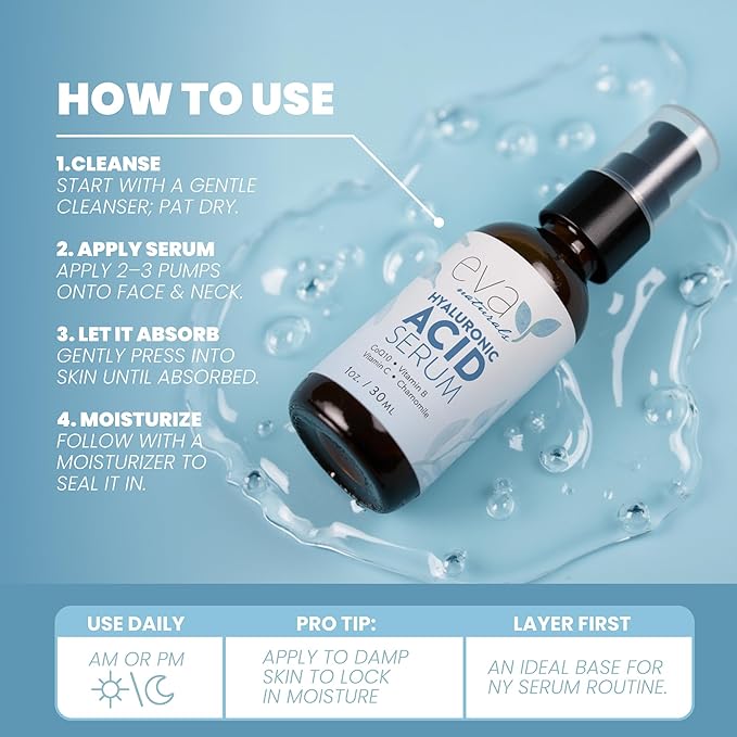 Eva Naturals Hyaluronic Acid Serum for Face – Pure Facial Gel with Natural Moisturizing Factors + HA – Anti-Aging Face Serum for Wrinkles, Fine Lines, Dry Skin, Lifted Glow – 1 oz