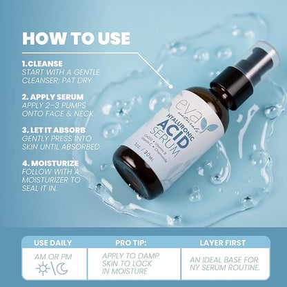 Eva Naturals Hyaluronic Acid Serum for Face – Pure Facial Gel with Natural Moisturizing Factors + HA – Anti-Aging Face Serum for Wrinkles, Fine Lines, Dry Skin, Lifted Glow – 1 oz