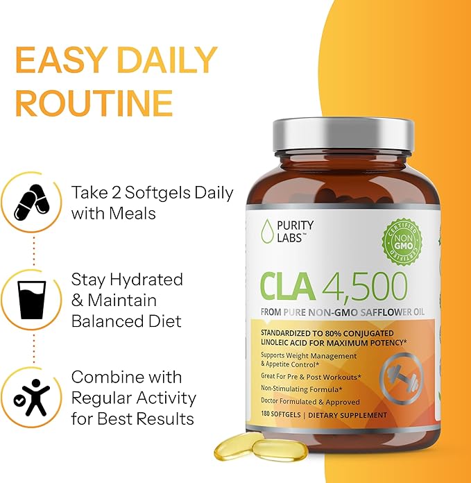 Purity Labs CLA Supplements 4500MG - Non-GMO Safflower Oil - Supports Energy, Weight Loss, Heart Health, and Muscle Health - 180 Soft gels