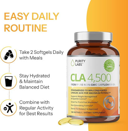 Purity Labs CLA Supplements 4500MG - Non-GMO Safflower Oil - Supports Energy, Weight Loss, Heart Health, and Muscle Health - 180 Soft gels