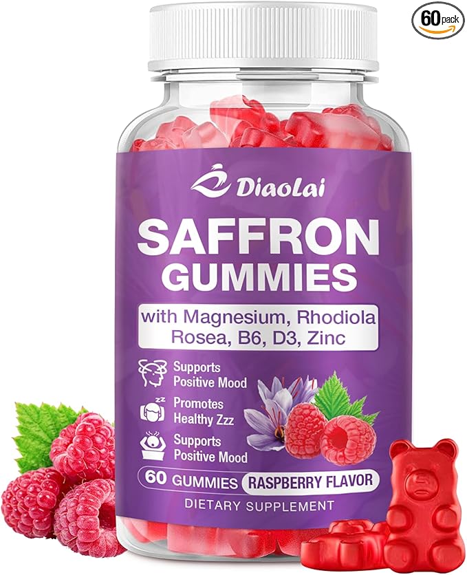 Max Strength Saffron Gummies 88.5mg with Magnesium, St. John's Wort & Rhodiola for Mood Support, Focus - Sugar-Free, 60 Count