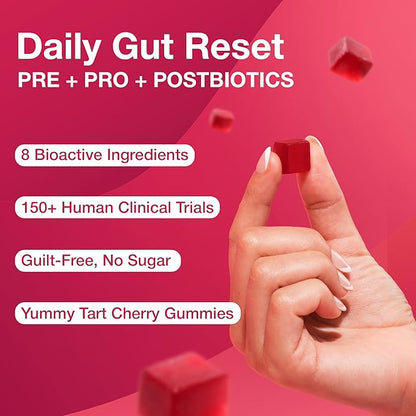 GG360 - Gut Health for Women & Men, Pre Post Probiotics Gummies for Digestive Health, Constipation, Tribiotics for Bloating, Immune Support, Skin & Belly Fat, Tart Cherry – 60 Count