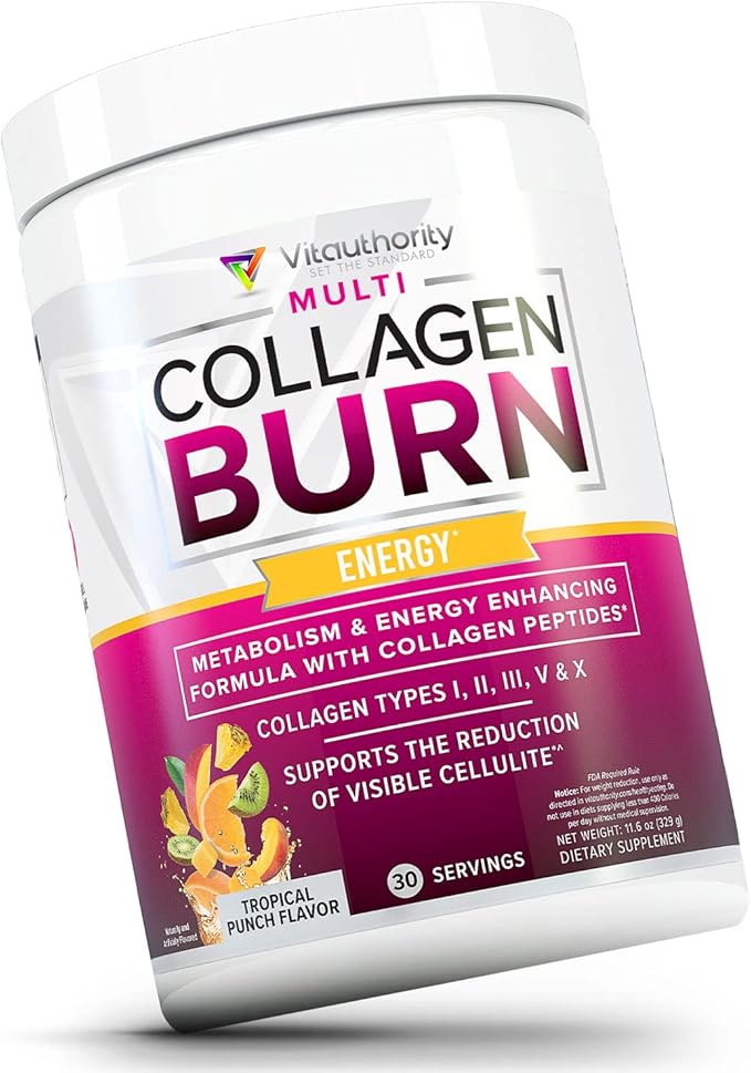 Multi Collagen Burn: MultiType Hydrolyzed Protein Peptides with Hyaluronic Acid, Vitamin C, SOD B Dimpless, Types I, II, III, V and X, with Caffeine 30 Servings Tropical Punch Flavored