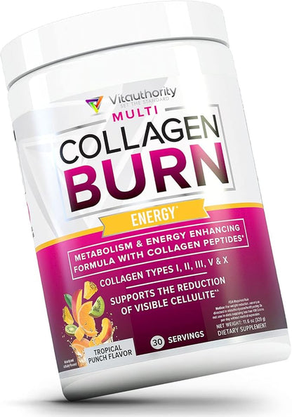 Multi Collagen Burn: MultiType Hydrolyzed Protein Peptides with Hyaluronic Acid, Vitamin C, SOD B Dimpless, Types I, II, III, V and X, with Caffeine 30 Servings Tropical Punch Flavored