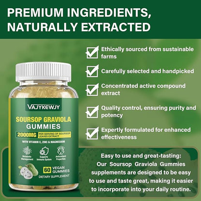2 Pack Soursop Graviola Gummies - 2000mg Extra Strength Soursop Leaves Extract, Vitamin C, Zinc & Whole Natural Food for Immunity, Vegan, 120 Gummies