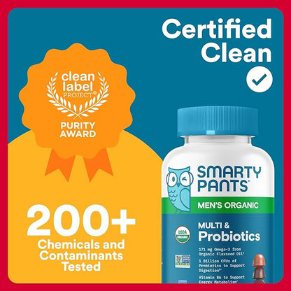 SmartyPants Multivitamin for Men, Organic Gummies: Probiotics, CoQ10, Methylfolate, Omega 3 (ALA), Vitamin D3, C, Vitamin B12, B6, A, K & Zinc for Immune Support, Biotin, 120 Gummies (30 Day Supply)