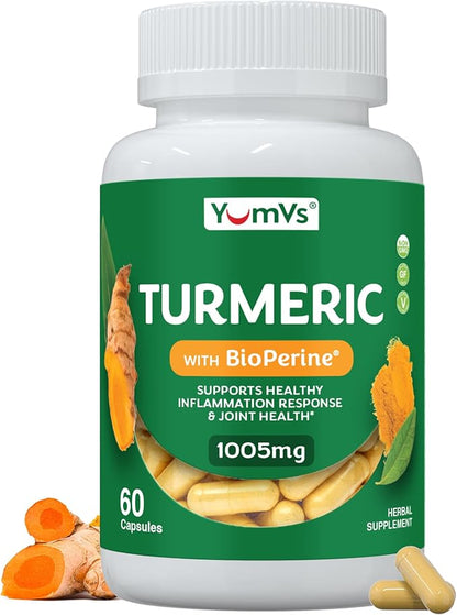 YUM-Vs Turmeric Curcumin Supplement with Black Pepper – Made with 100mg Extract + 900mg Raw Organic Turmeric – Supplement for Joint Health & Mobility – Non-GMO, Gluten Free, Vegetarian (60 Capsules)