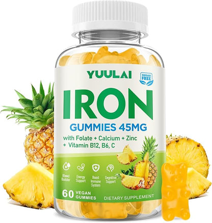 Iron Gummies for Women & Men, Iron Supplement Plus Calcium, Zinc, Folate & Vitamin B12, C, B6 - Energy Support, Immune Health, Pineapple Flavor, 60 Count