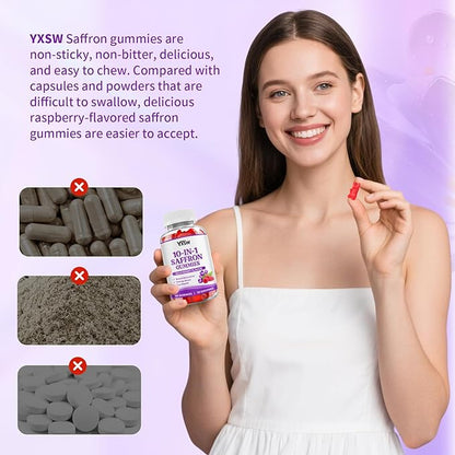 Saffron Gummies, Saffron Supplements for Kids & Adults with Ashwagandha, L-Theanine, Lemon Balm, Vitamin D3, B6, Magnesium & Zinc - Support Focus, Relaxation, Raspberry Flavor, 120 Count