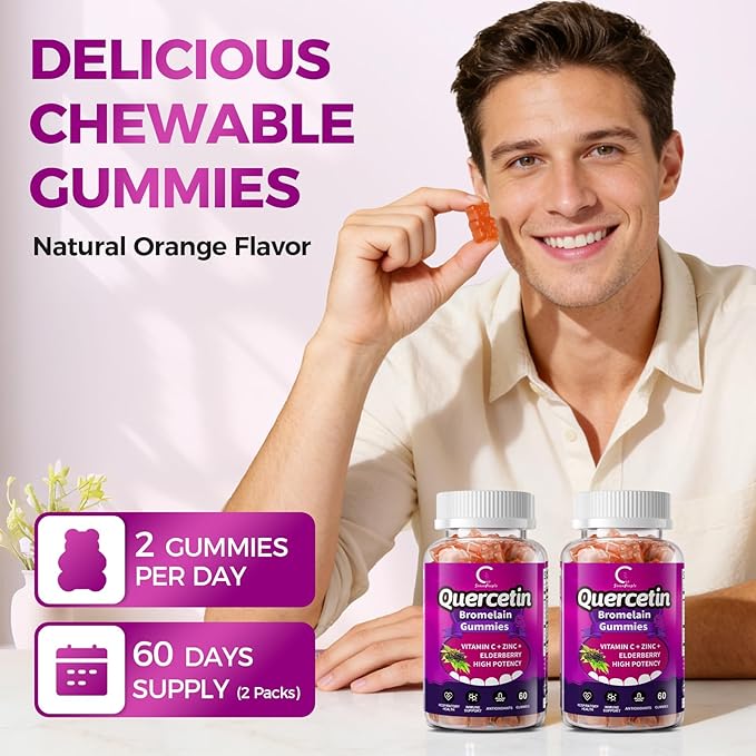 Quercetin Gummies, Quercetin with Bromelain, Vitamin C, Zinc & Elderberry, High Potency Immune Support, Respiratory Health & Antioxidant Supplement for Adult & Kid, Vegan, 60 Gummies (2 Pack)